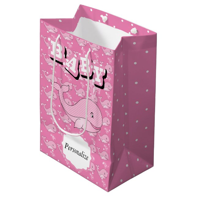 Pink Baby Polka Dotted Whale Medium Gift Bag (Front Angled)