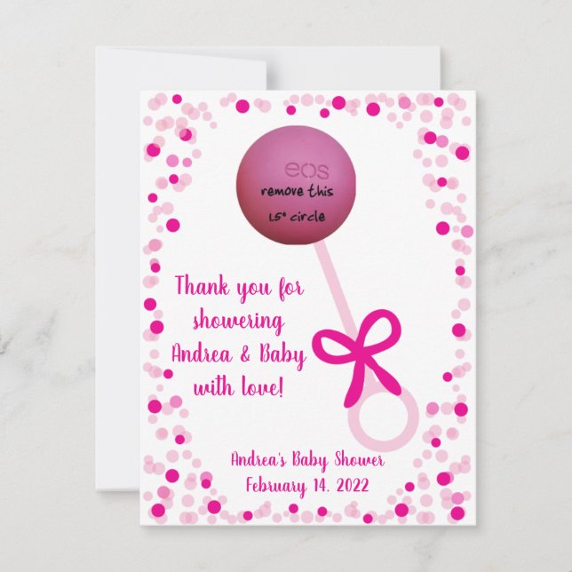 Pink Baby Rattle EOS Lip Balm Shower Favour Card (Front)
