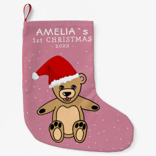 Pink Baby`s First Christmas Teddy Bear Santa Hat Small Christmas Stocking