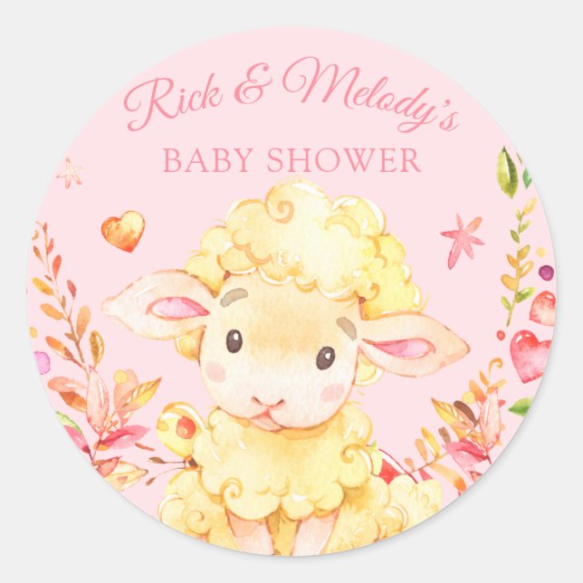 Pink Baby Sheep / Lamb Pink Girl's Baby Shower Classic Round Sticker (Front)