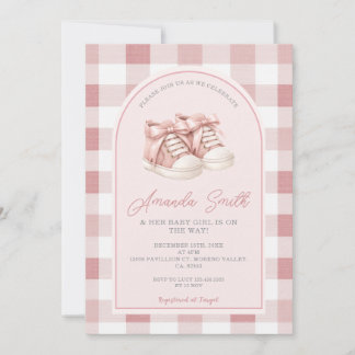 Pink Baby Shoes Gingham Girl Baby Shower Invitation