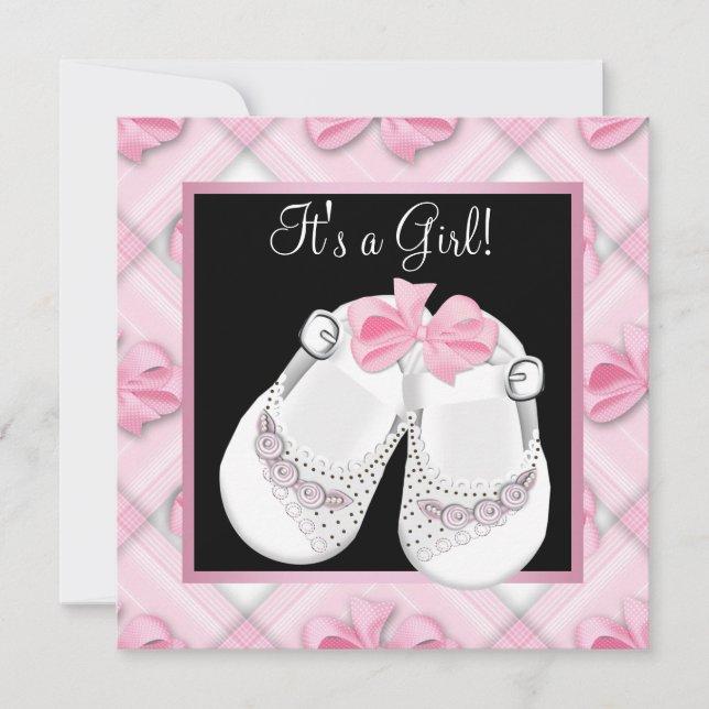 Pink Baby Shoes Pink Black Baby Girl Shower Invitation (Front)