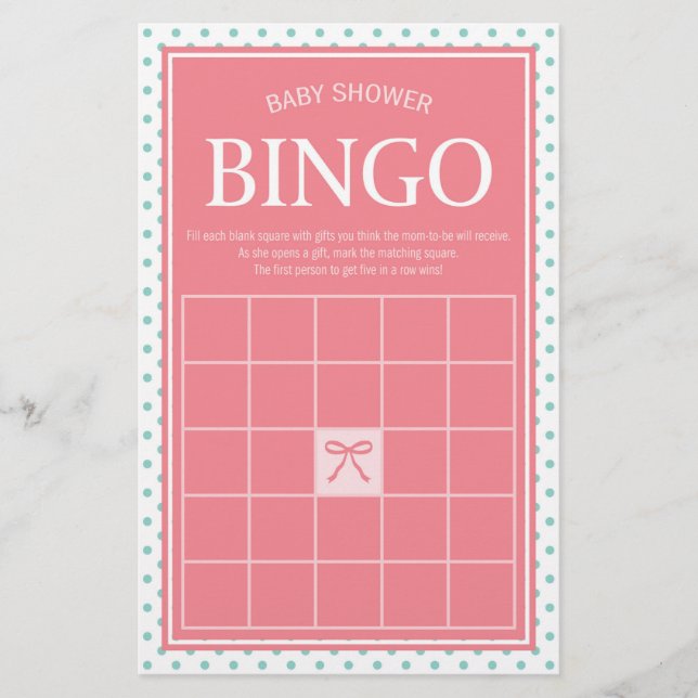 Pink Baby Shower Bingo Polka Dots and Ribbon Stationery (Front)