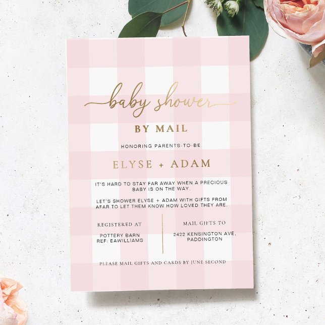 Pink Baby Shower By Mail Foil Invitation (Girl Baby Shower By Mail Invitation Pink Gingham )