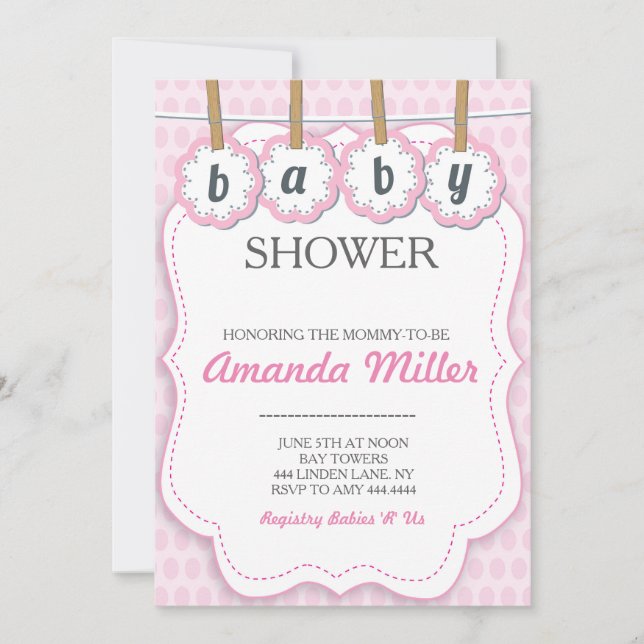 Pink Baby Shower clothespin invitations (Front)