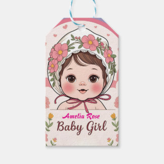 Pink Baby Shower Gift Tag with Watercolor Flowers