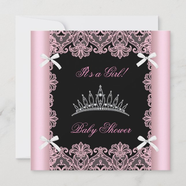 Pink Baby Shower Girl Princess Tiara Black Lace Invitation (Front)