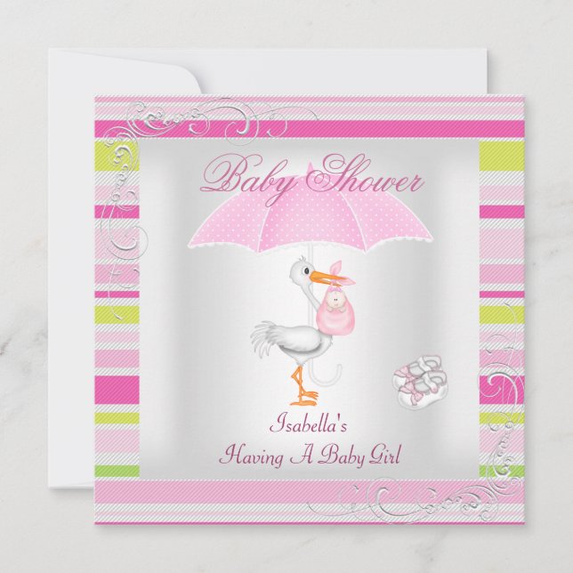 Pink Baby Shower Girl Umbrella Candy Stripe Invitation (Front)