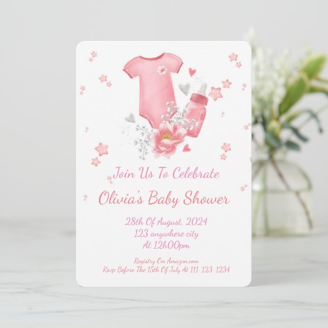 PINK BABY SHOWER INVITATION FOR GIRLS (Standing Front)
