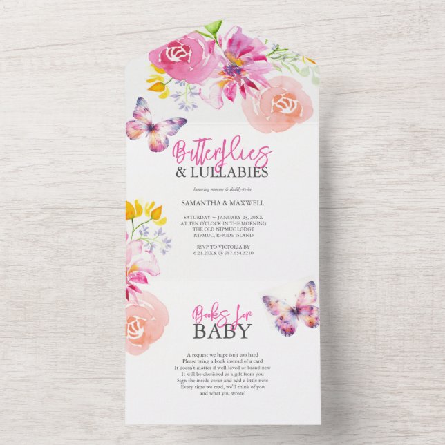 Pink Baby Shower Invitations | Flowers & Butterfly (Inside)