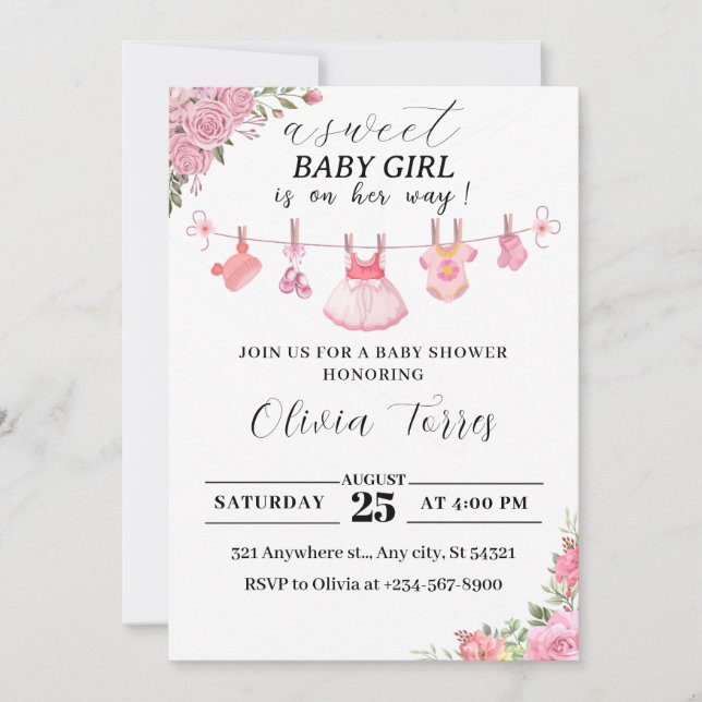 Pink Baby Shower Invite with Clothesline for Girls (Front)