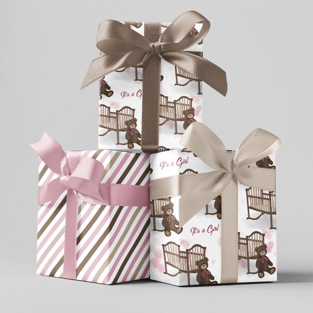 Pink Baby Shower It's A Girl Teddy Bear  Wrapping Paper Sheet (Pink and brown "it's a girl" wrapping paper. )