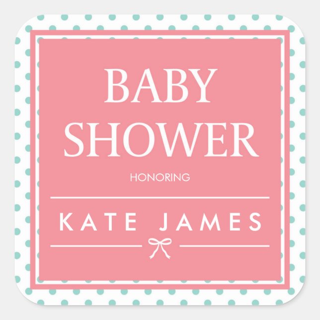Pink Baby Shower Polka Dots and Ribbon Square Sticker (Front)
