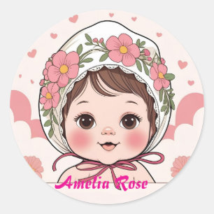 Pink Baby Shower Sticker with Watercolor Flowers &