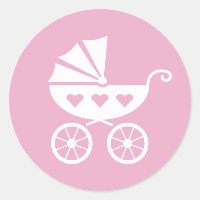 Pink baby shower stickers with cute carriage pram (Front)