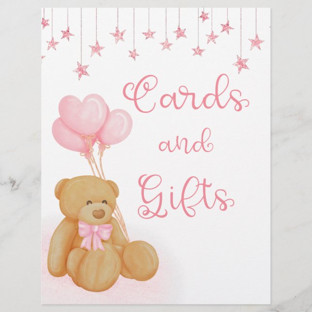 Pink Baby Shower Teddy Bear Cards and Gifts Sign (Front)