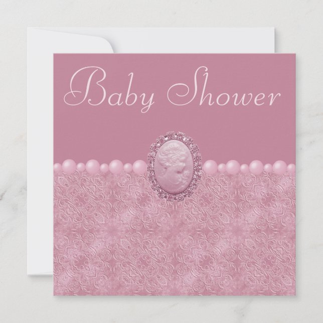 Pink Baby Shower Vintage Cameo & Pearls Invitation (Front)