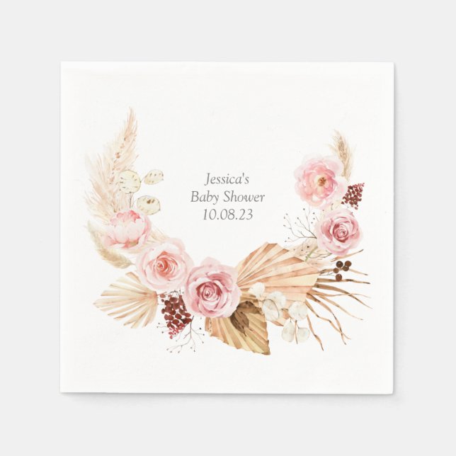 Pink Baby Shower Watercolor Boho Floral Napkin (Front)