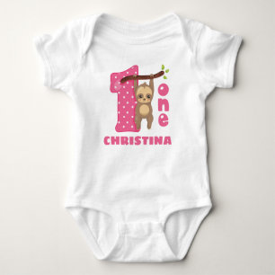 Pink Baby Sloth 1st Birthday Baby Bodysuit