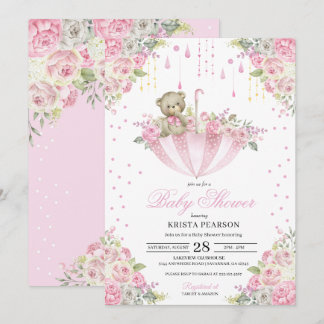 Pink Baby Sprinkle Umbrella Teddy Bear Baby Shower Invitation