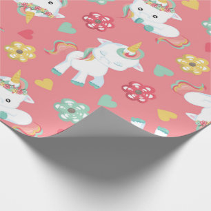 Pink Baby Unicorn Flowers Hearts Pattern Birthday Wrapping Paper