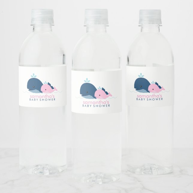 Pink Baby Whale Girl Baby Shower Water Bottle Label (Bottles)