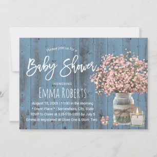 Pink Baby's Breath & Candle Dusty Blue Baby Shower Invitation