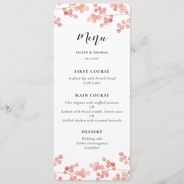 Pink Baby's breath Floral wedding menu card (Front)