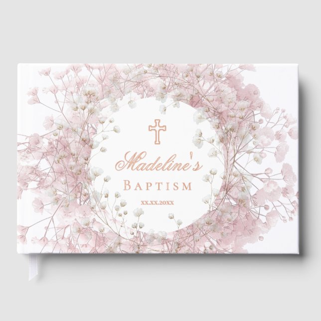 pink baby's breath flowers Baptism Guest Book (Front)