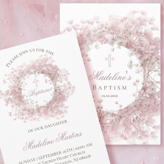 pink baby's breath flowers Baptism Invitation (Creator Uploaded)
