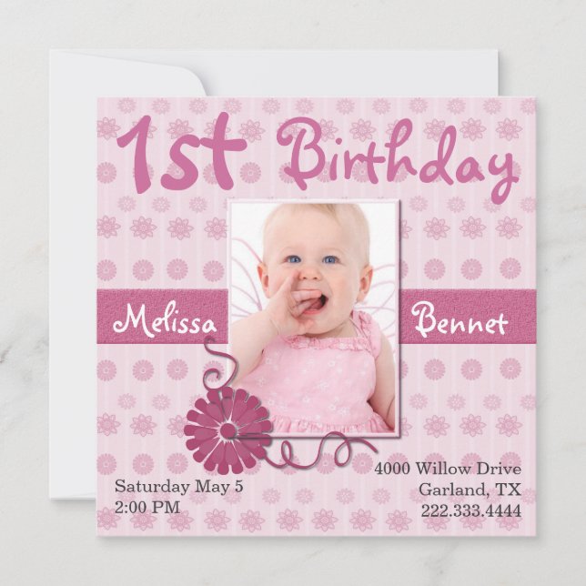 Pink Baby's First Birthday Photo Invitation (Front)