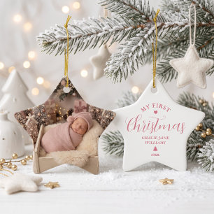 Pink Baby's First Christmas Custom Name Keepsake  Ceramic Tree Decoration
