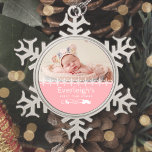 Pink Baby's First Christmas Keepsake Photo Snowflake Pewter Christmas Ornament<br><div class="desc">Celebrate a special baby girl's first Christmas with this keepsake ornament,  featuring white snowflakes and text on a pink background. Personalise it with baby's photo,  name,  and birth year.</div>