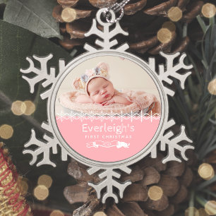 Pink Baby's First Christmas Keepsake Photo Snowflake Pewter Christmas Ornament