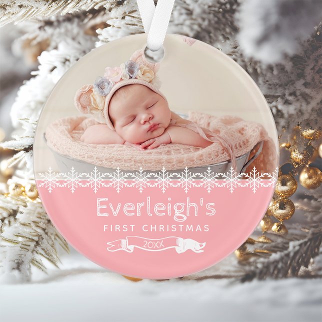 Pink Baby's First Christmas Personalised Photo Ornament (Creator Uploaded)