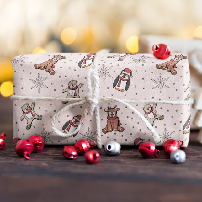 Pink Babys First Christmas Winter Animals Wrapping Paper (Pink Baby's First Christmas Winter Animal Wrapping Paper. Hand-Drawn Penguin, Reindeer, Teddy Bear)
