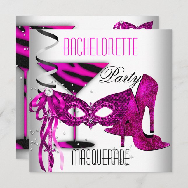 Pink Bachelorette Masquerade White High Heel Shoes Invitation (Front/Back)
