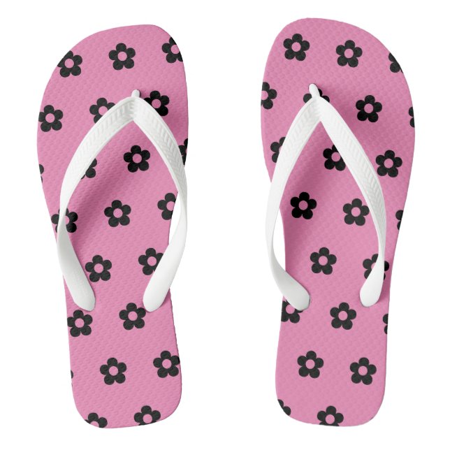 Pink Background Black Colour Flowers Printed-Sanda Jandals (Footbed)
