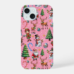 Pink Background Christmas Decorative Pattern iPhone 15 Case