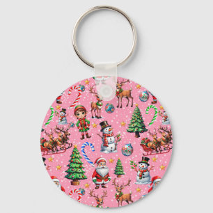 Pink Background Christmas Decorative Pattern Key Ring