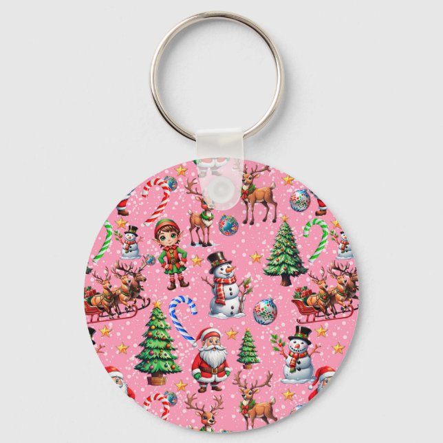 Pink Background Christmas Decorative Pattern Key Ring (Front)