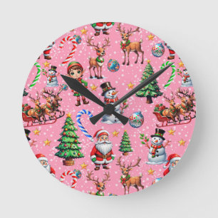 Pink Background Christmas Decorative Pattern Round Clock