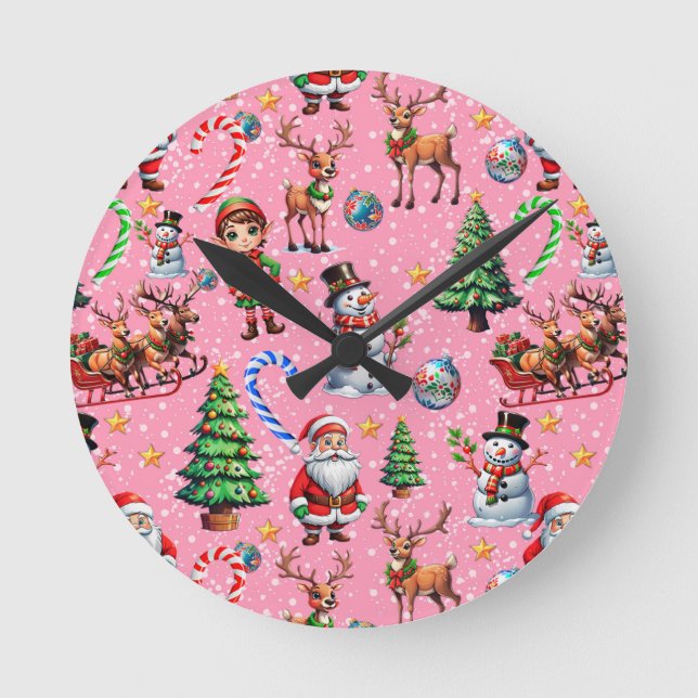 Pink Background Christmas Decorative Pattern Round Clock (Front)