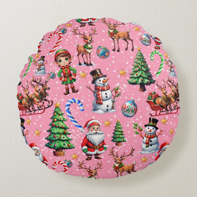 Pink Background Christmas Decorative Pattern Round Cushion (Front)