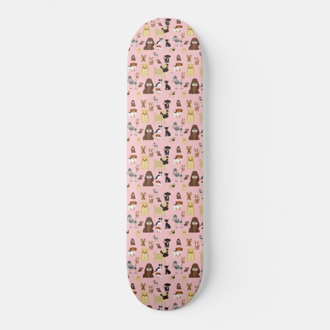 pink background dogs pattern. skateboard (Front)