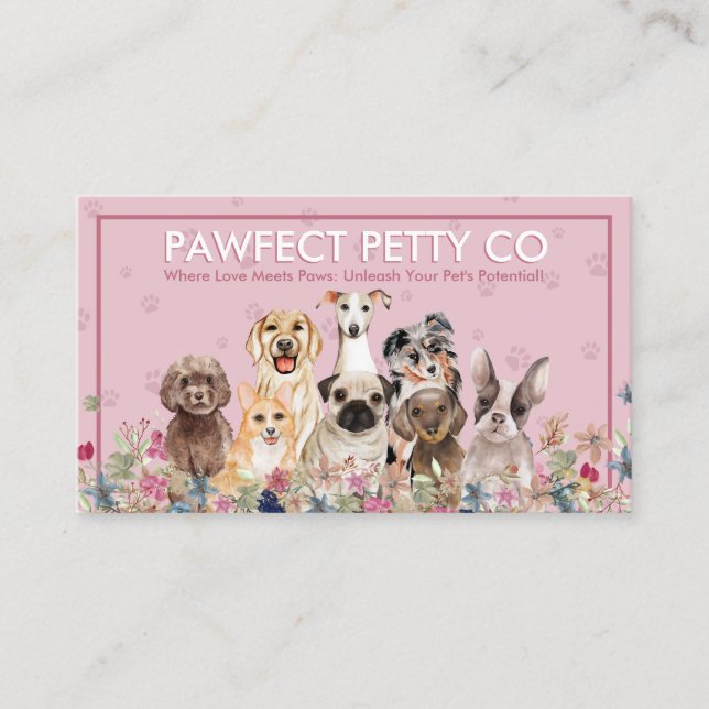 Pink Background Paw Watercolor Dogs Flowers Business Card (Front)