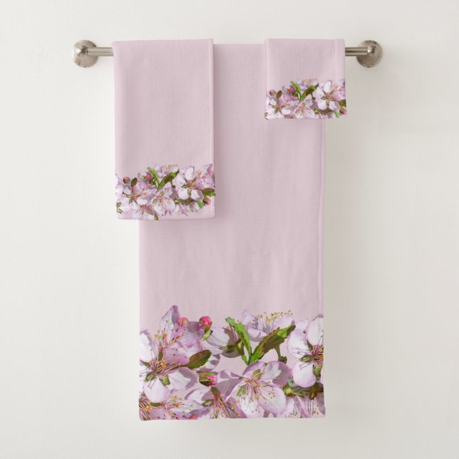 Pink Background Spring Blossom along Lower Edges Bath Towel Set (Insitu)