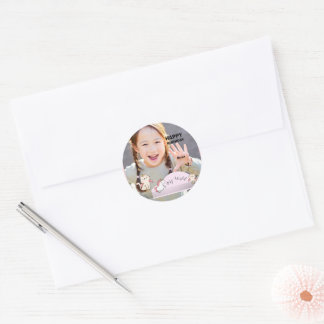 Pink background & sweet girl classic round sticker