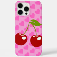 Pink Background with Red Hearts and Two Cherries