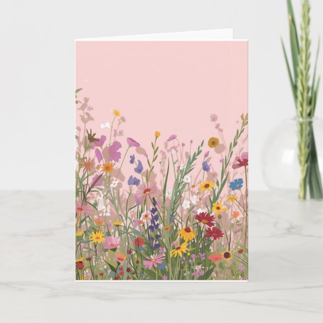 Pink Background with wild flowers blank Card (Front)